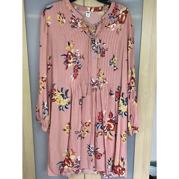 OLD NAVY Long Sleeve Midi Dress Sz XL Pintuck Pink Floral Boho Summer Casual - Picture 1 of 4